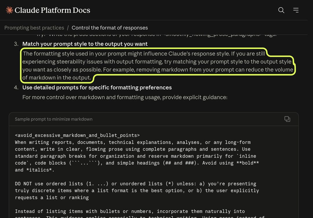 앤트로픽 공식 문서 'Match your prompt style to the output you want'. 근거 문장에 연두색 테두리