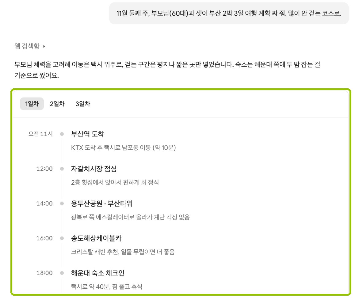이렇게 물었을 때 클로드 답 화면: 바로 1~3일차 시간표가 나왔어요. 택시 위주로, 걷는 곳은 평지만 넣었다고 먼저 밝혔습니다.