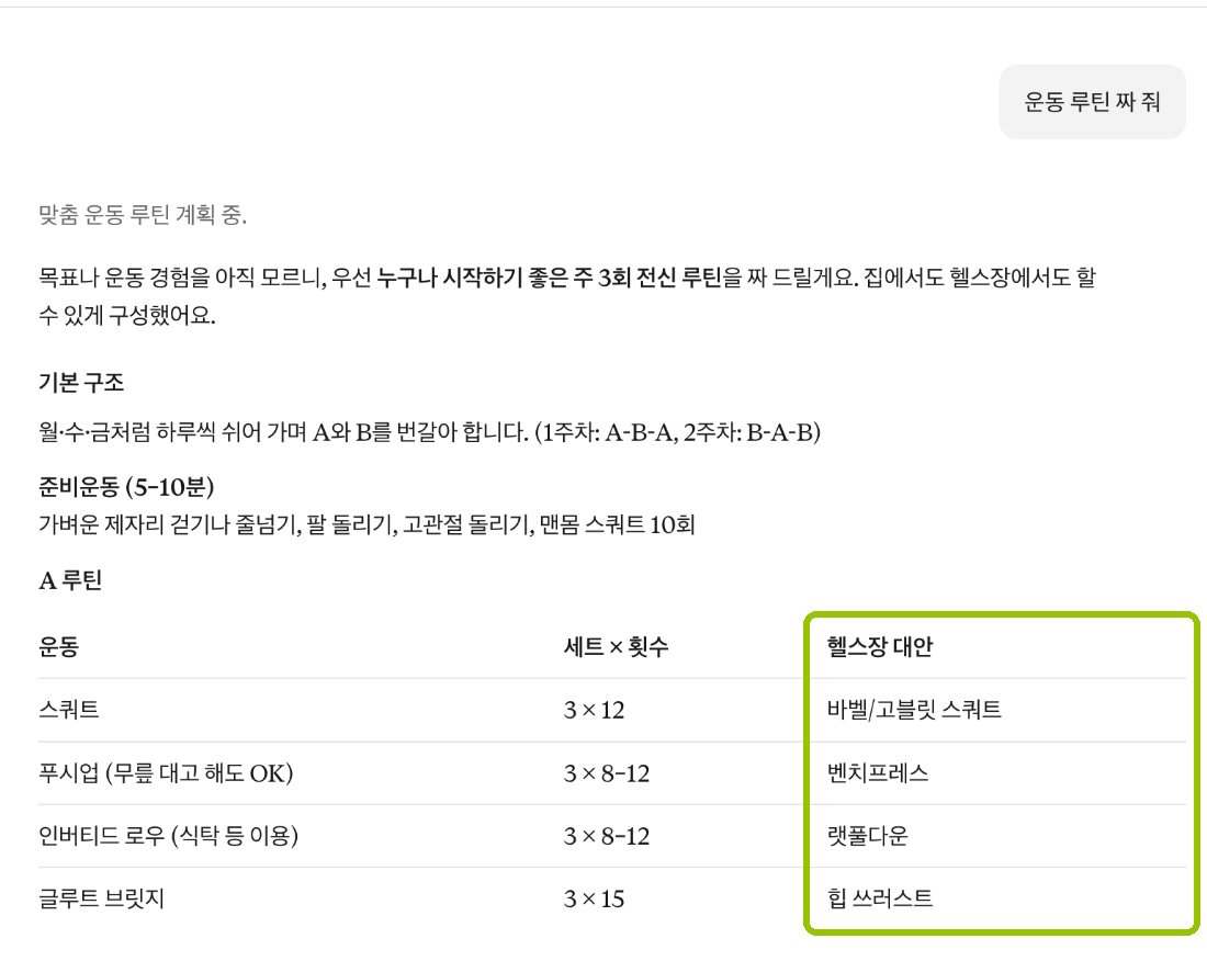 그냥 물었을 때 클로드 답 화면: 주 3회 전신 루틴을 짜 주면서, 묻지 않은 '헬스장 대안' 칸까지 붙였어요.